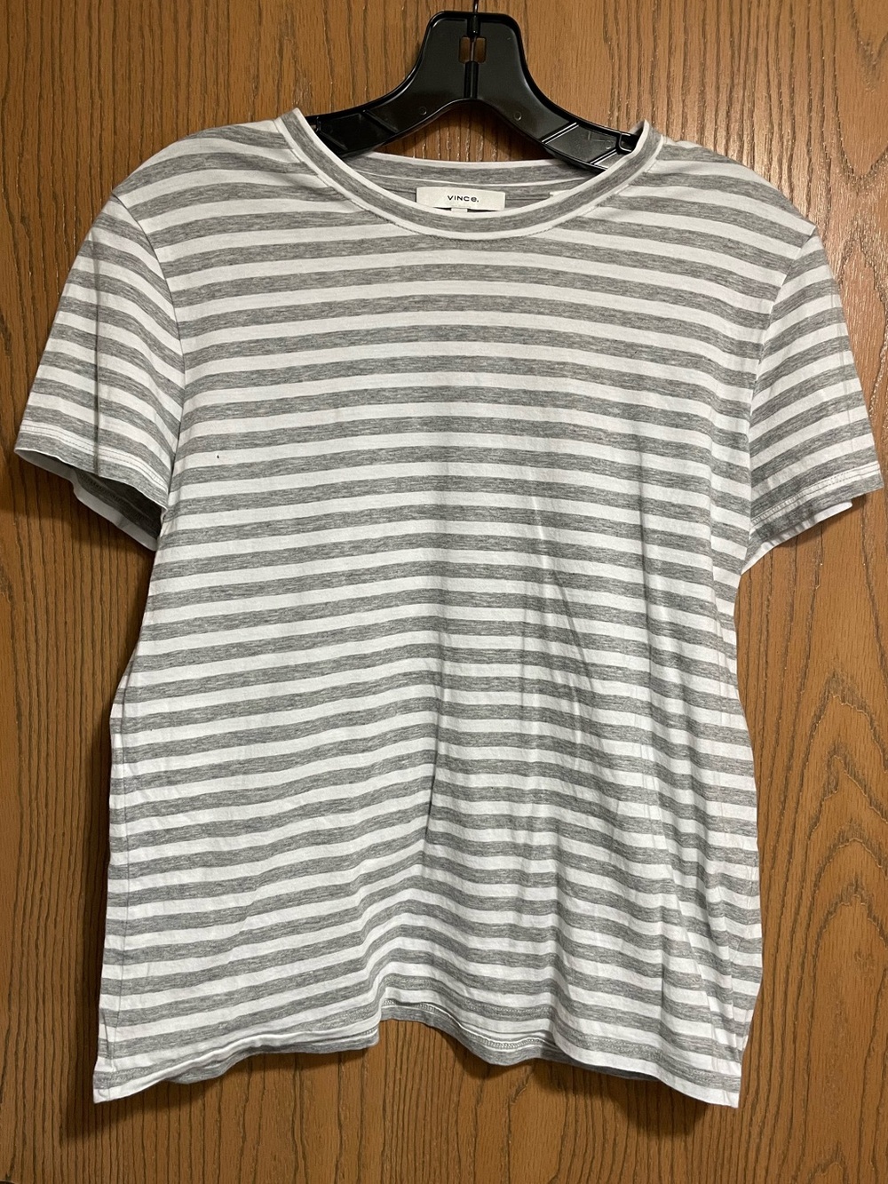 Vince. Gray and White Striped Crewneck Tee
